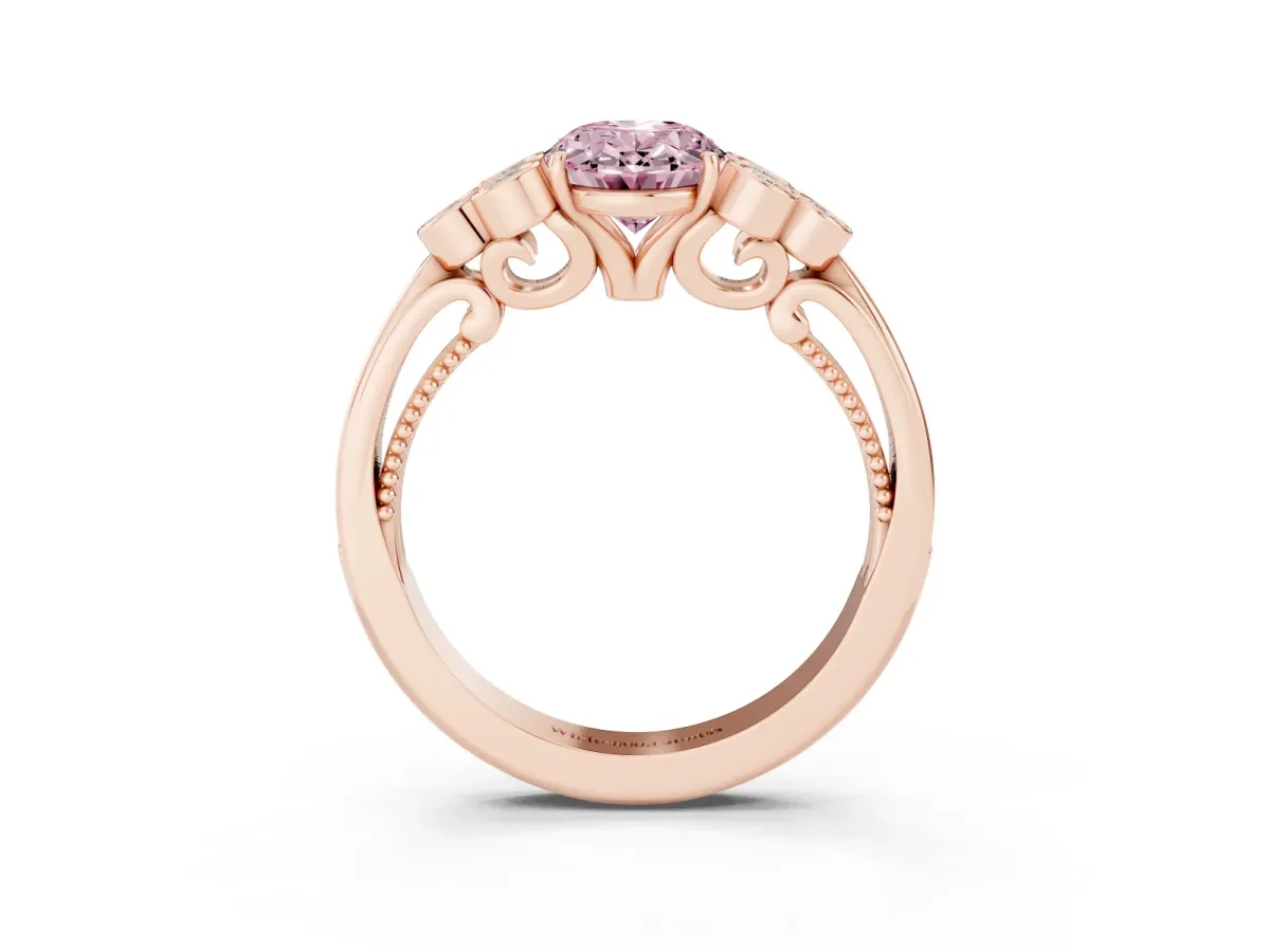 Fancy Pink Oval Cut Cut Diamond Engagement Ring with Bezel Set Round Side Stones and Prong Setting Rose gold