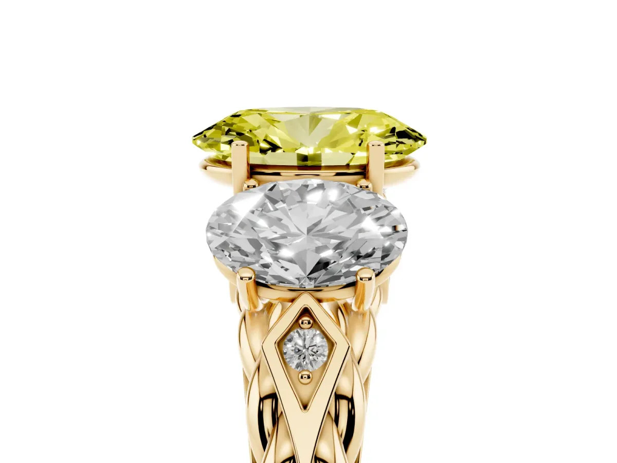 Fancy Yellow Three-Stone Oval Cut Diamond Braided Band Ring with Four-Prong Setting Yellow gold
