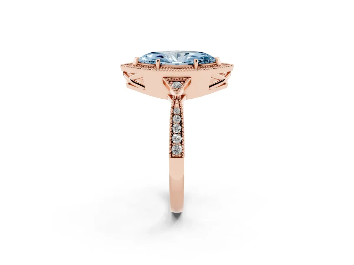 Fancy Blue Marquise Cut Halo Round Diamond Milgrain Pave Engagement Ring Rose gold