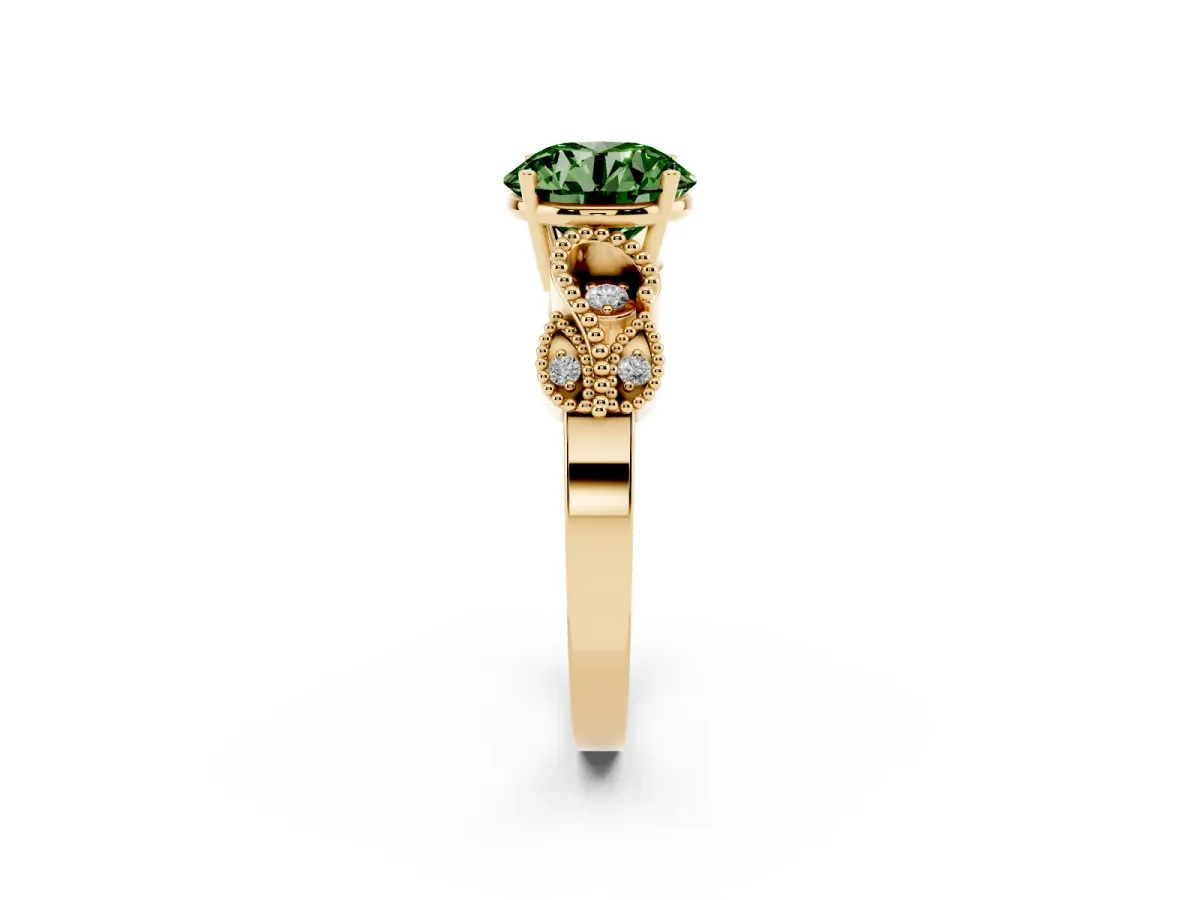Fancy Green Round Cut Solitaire Milgrain Leaf Band with Prong Setting Yellow gold