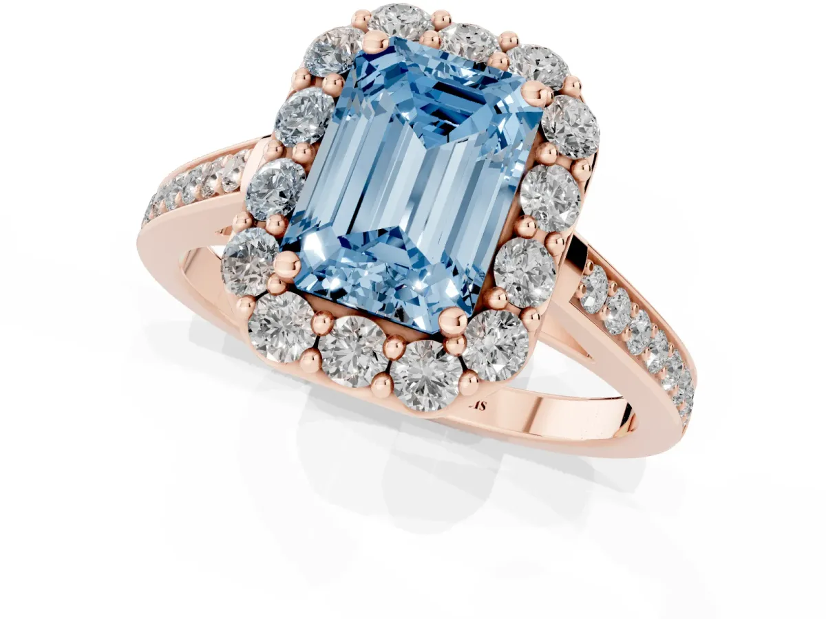 Fancy Blue Emerald Cut Diamond Floral Halo Ring with Pavé Band and Prong Setting Rose gold