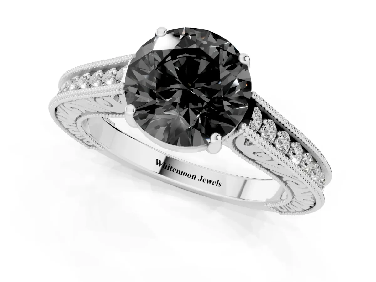 Fancy Black Round Cut Cut Pave Band Milgrain Solitaire Ring Silver