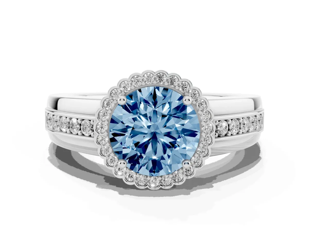 Fancy Blue Round Cut Cut Halo Pave Band Four-Prong Ring Silver