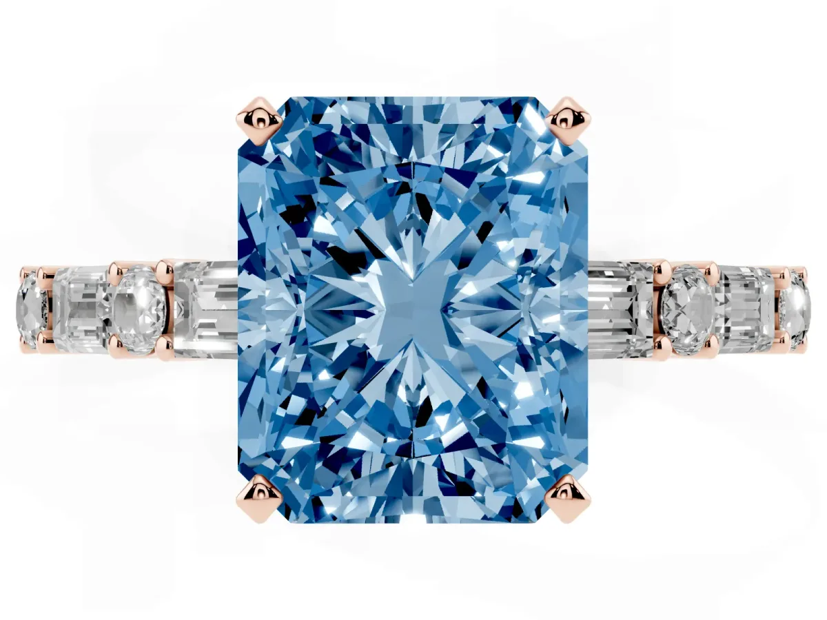 Fancy Blue Radiant Cut Diamond Solitaire with Side Baguettes and Channel Set Band Rose gold