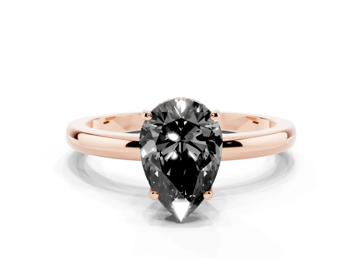 Fancy Black Pear Cut Solitaire Diamond Ring with Prong Setting and Plain Band Rose gold