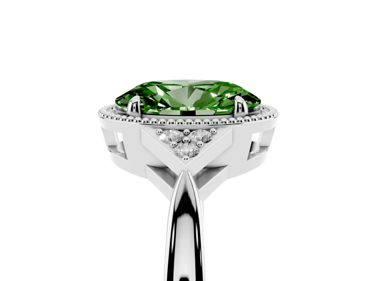 Fancy Green Hexagonal Halo Oval Cut Diamond Solitaire with Pavé Band and Four-Prong Setting Silver