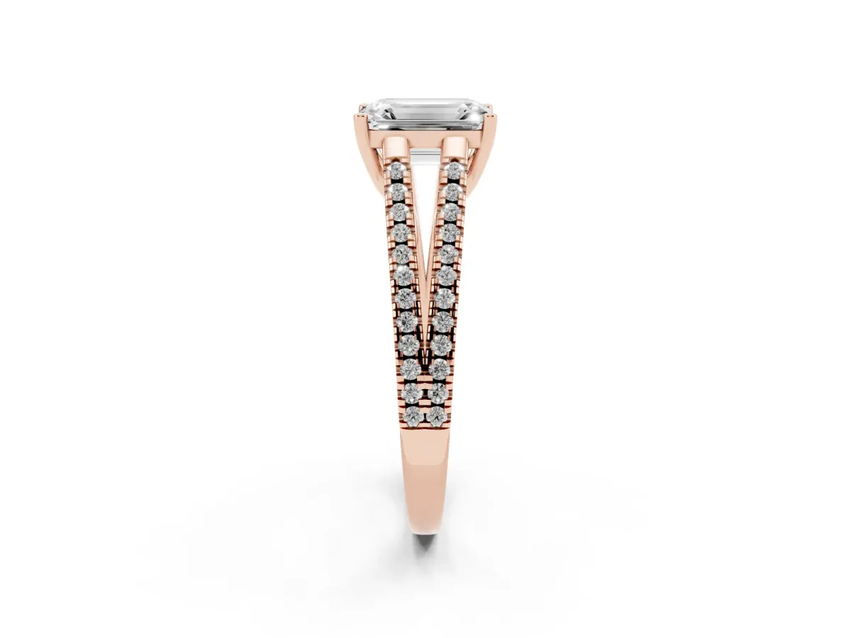 Emerald Cut Diamond Solitaire Engagement Ring with Split Shank Pavé Band Rose gold