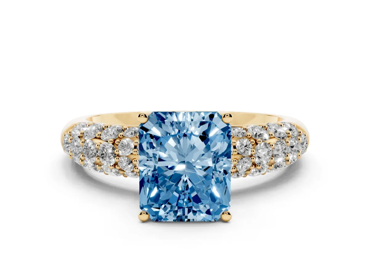 Fancy Blue Radiant Cut Diamond Pavé Band Solitaire Ring with Four-Prong Setting Yellow gold