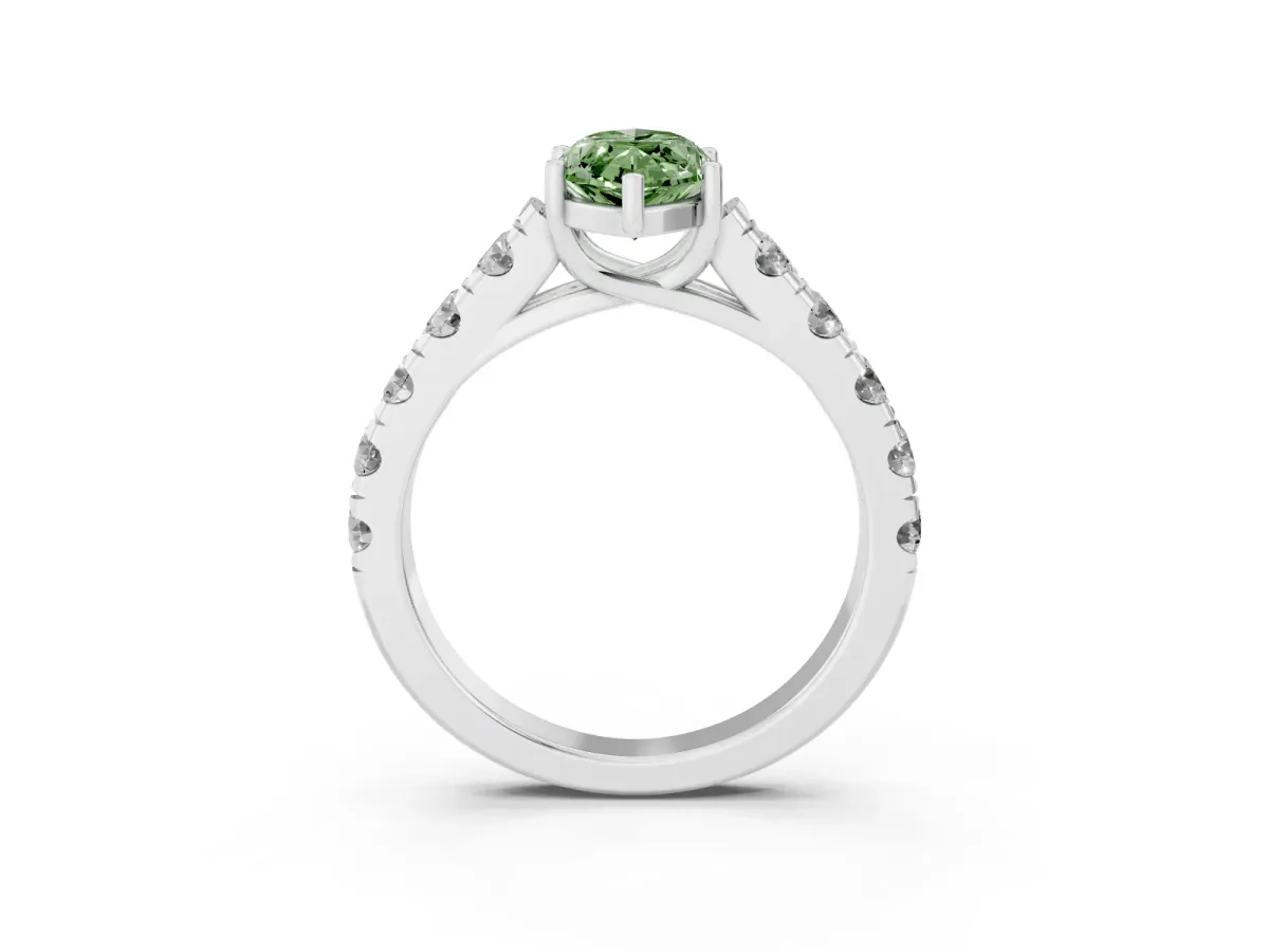 Fancy Green Marquise Cut Cut Diamond Solitaire Ring with Micro Pave Band and Prong Setting Silver