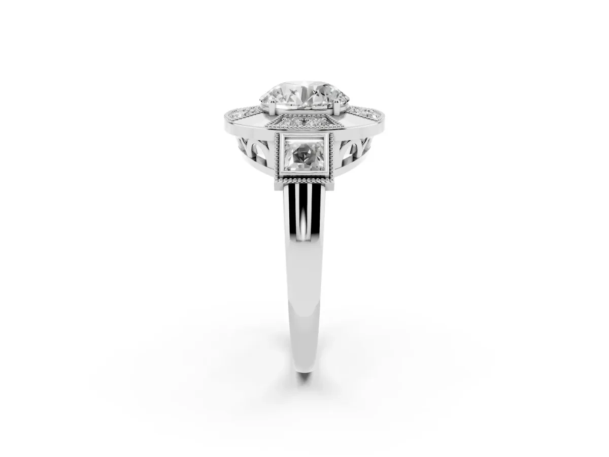 Milgrain Round Cut Diamond Halo Split Shank Ring Platinum