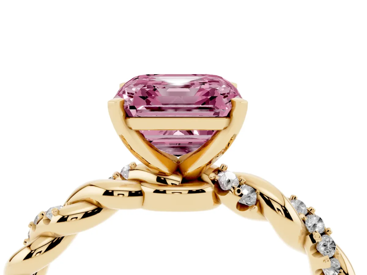 Fancy Pink Asscher Cut Diamond Solitaire Ring with Twisted Band and Pavé Accents Yellow gold