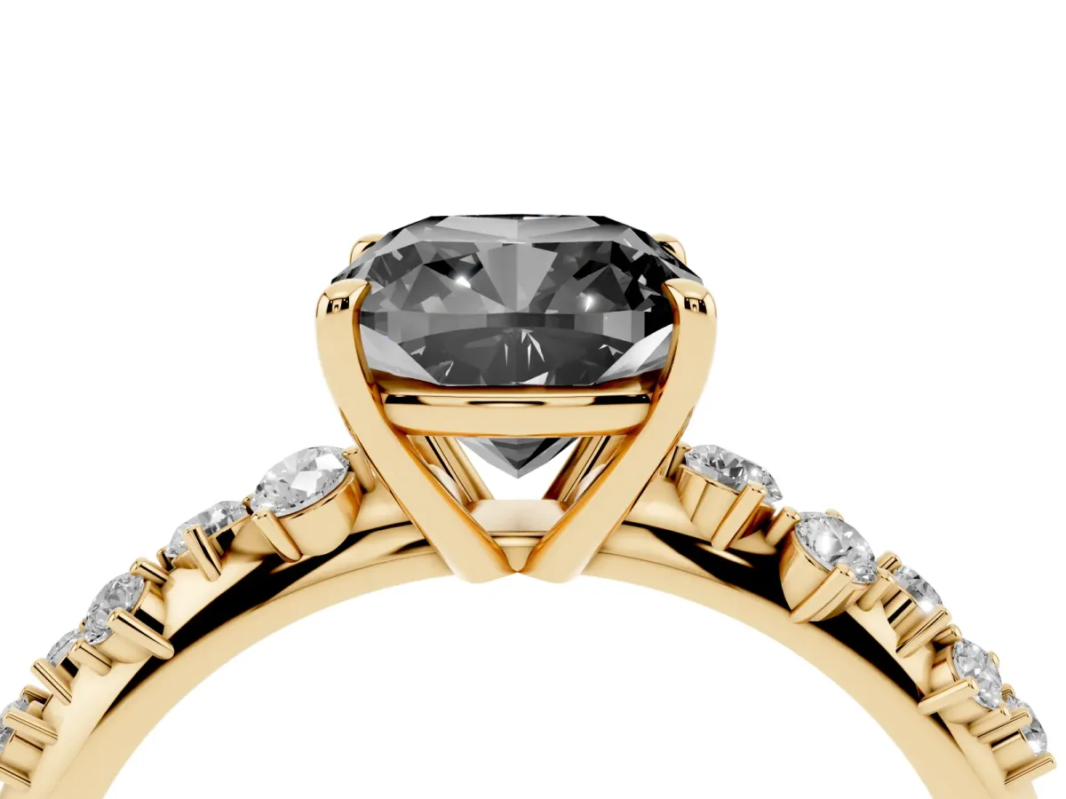 Fancy Black Cushion Cut Diamond Cluster Side Stone Solitaire Ring with Prong Setting Yellow gold