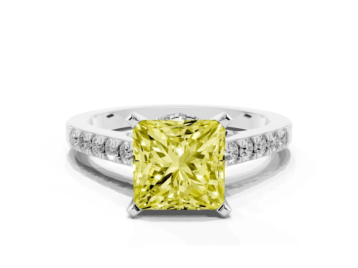 Fancy Yellow Princess Cut Diamond Solitaire Ring with Crossover Gallery and Round Pavé Band Silver