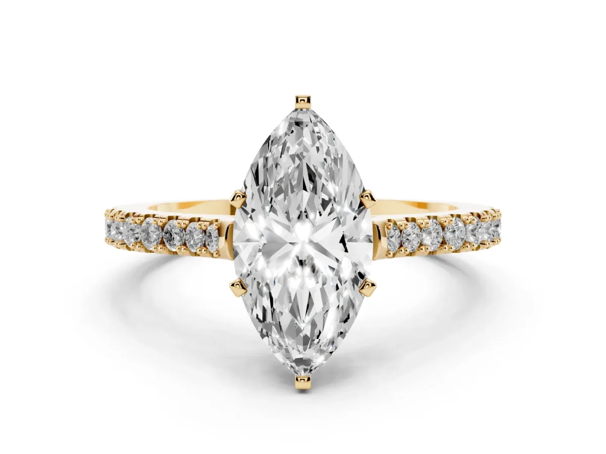 Marquise Cut Cut Solitaire Diamond Engagement Ring with Pave Band and Four-Prong Setting Yellow gold