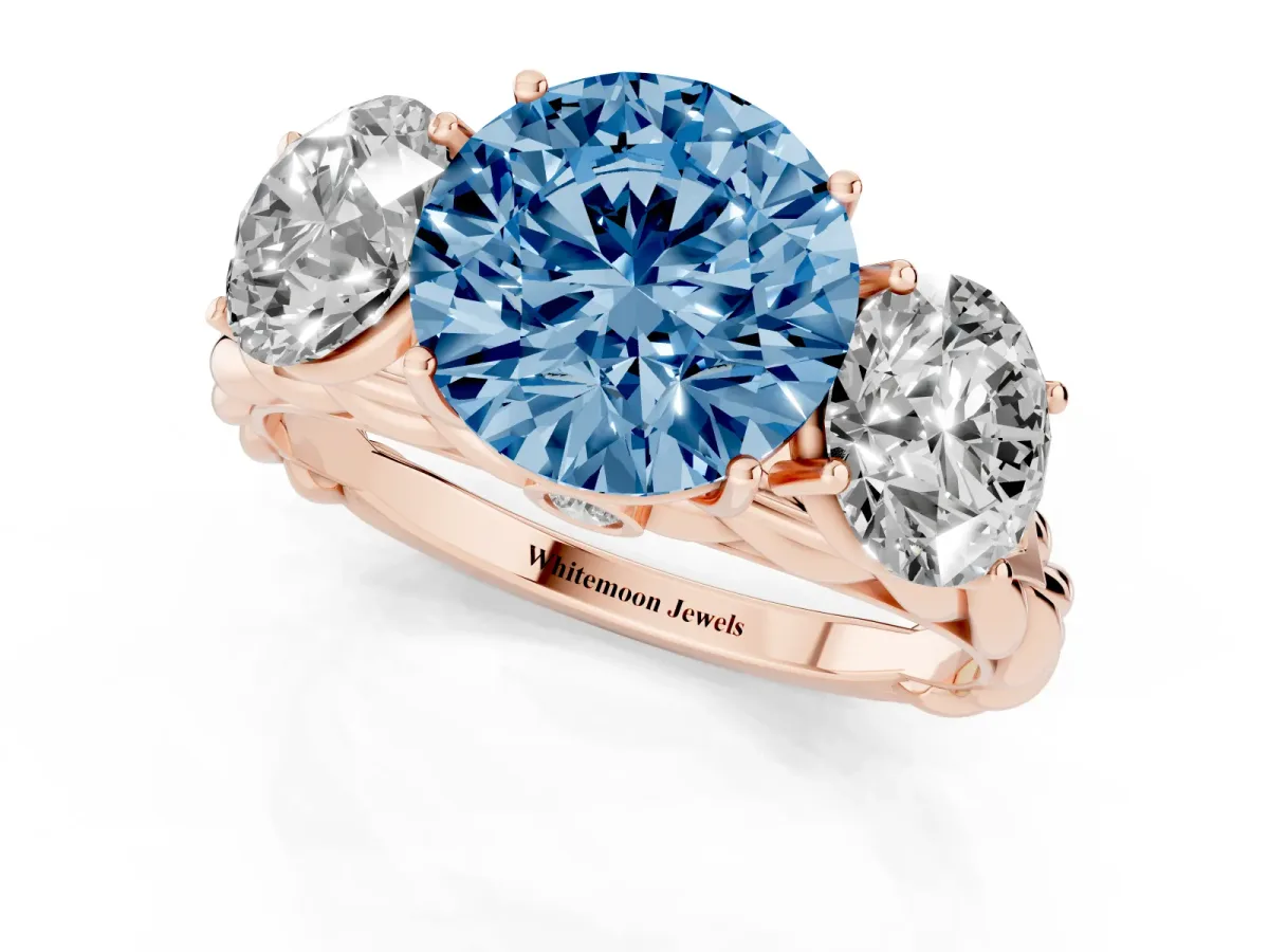 Fancy Blue Three-Stone Round Cut Diamond Braided Band Ring with Four-Prong Setting Rose gold