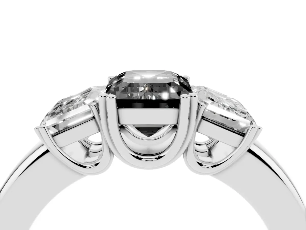 Fancy Black Three-Stone Emerald Cut Cut Diamond Ring with Channel Set Band and Four-Prong Setting Silver