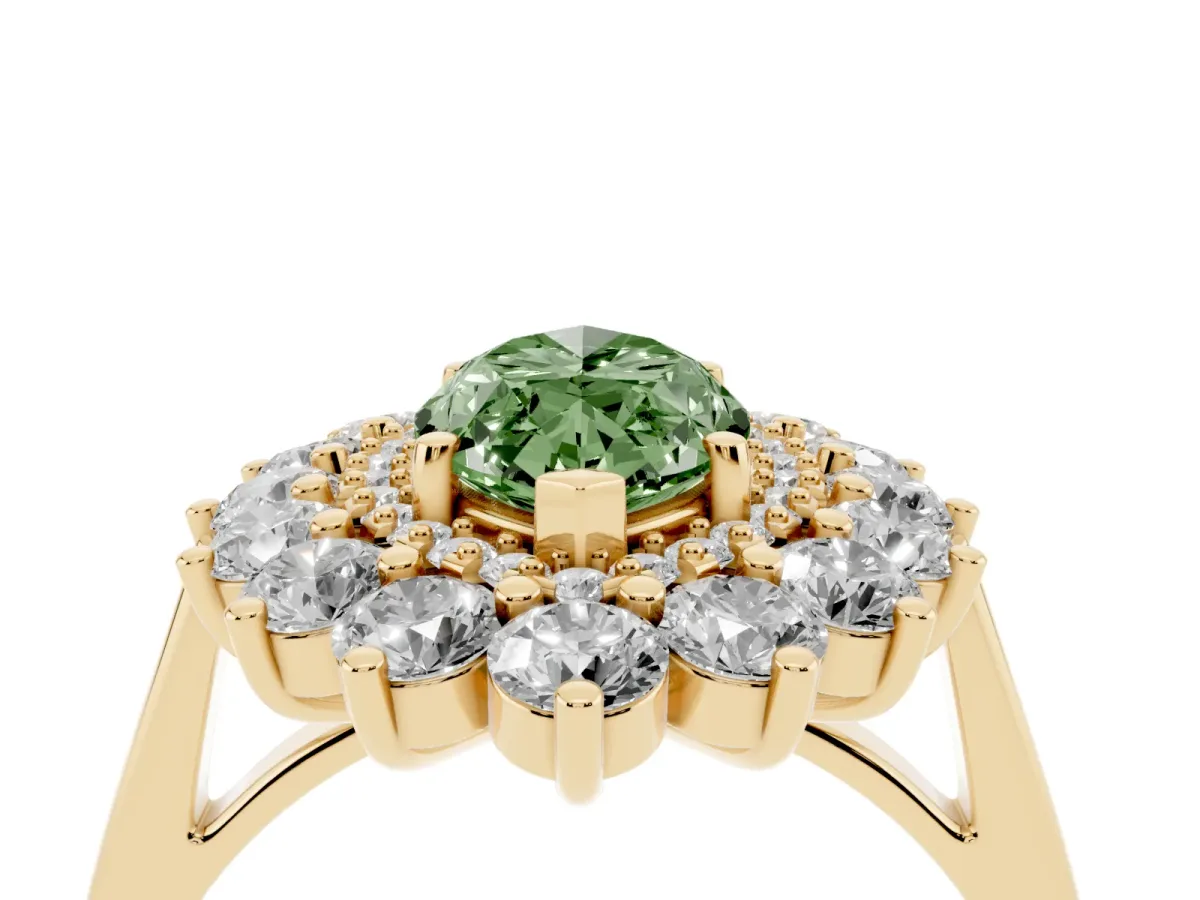 Fancy Green Marquise Cut Diamond Floral Double Halo Engagement Ring with Prong Setting Yellow gold