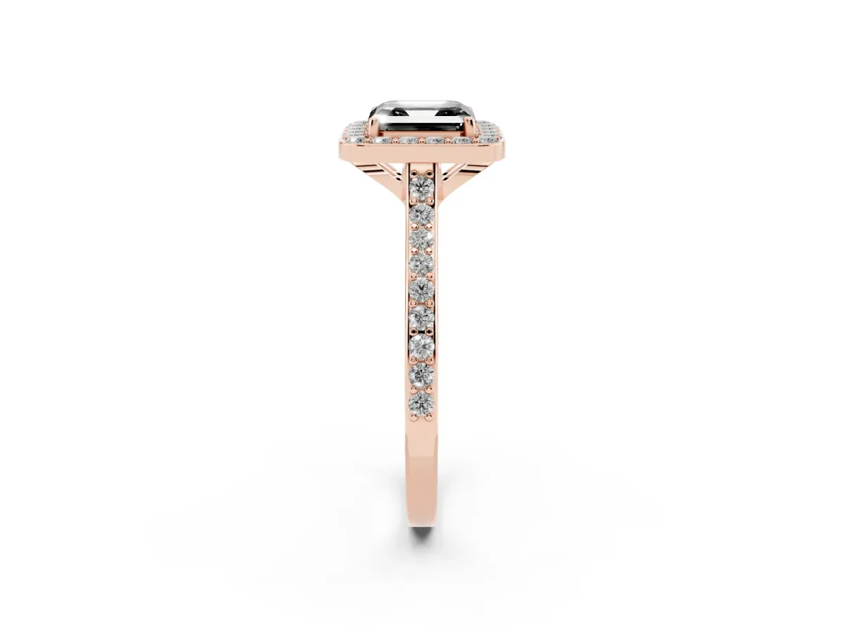 Fancy Black Asscher Cut Diamond Halo Engagement Ring with Round Pavé Shoulders and Prong Setting Rose gold