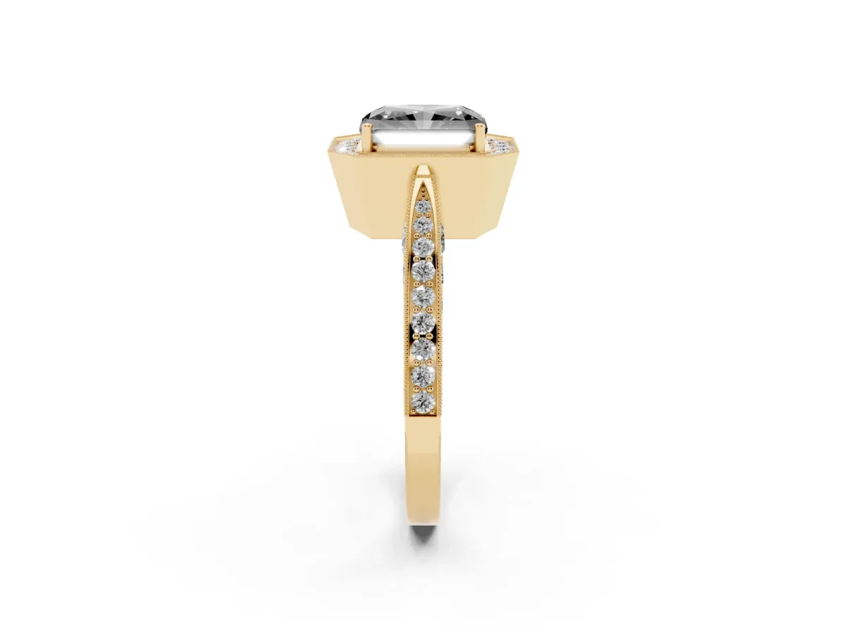 Fancy Black Radiant Cut Halo Diamond Engagement Ring with Split Shank Band and Four-Prong Setting Yellow gold