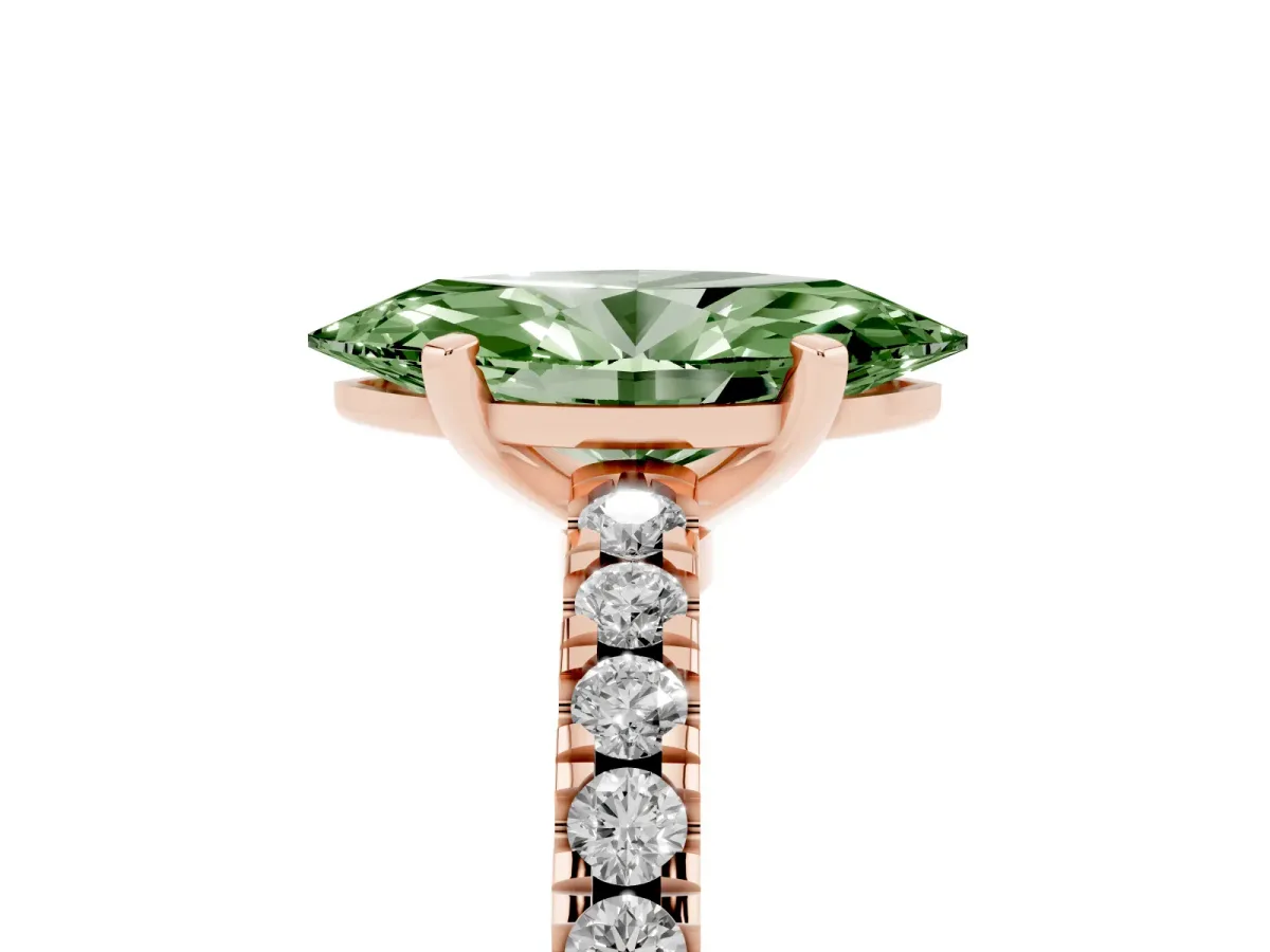 Fancy Green Marquise Cut Solitaire Diamond with Pavé Band and Four-Prong Setting Rose gold