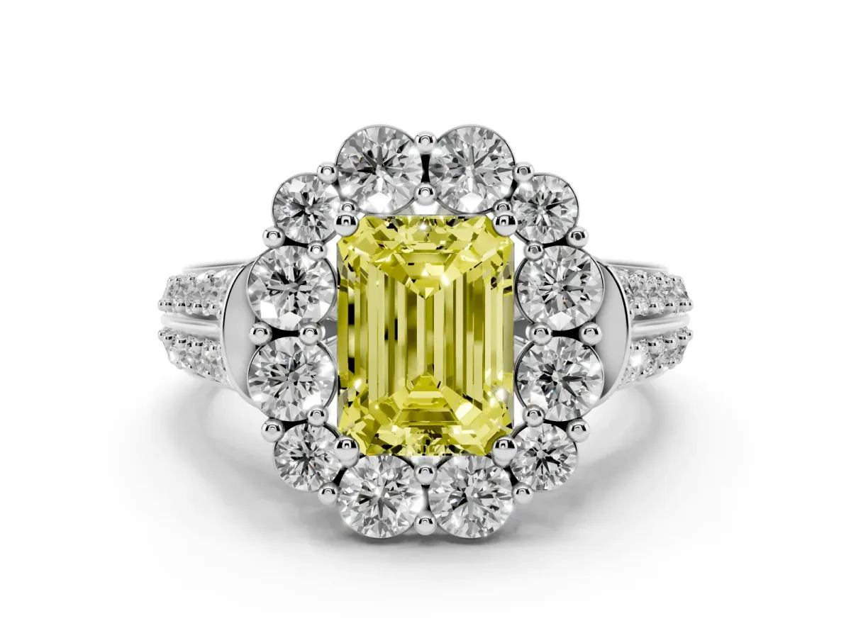 Fancy Yellow Emerald Cut Halo Diamond Engagement Ring with Split Shank and Prong Setting Platinum