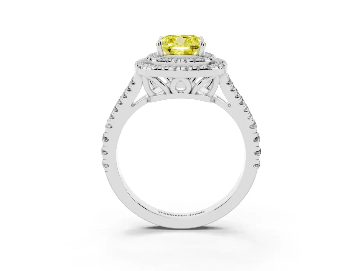 Fancy Yellow Cushion Cut Diamond Double Halo Ring with Pavé Band and Prong Setting Platinum