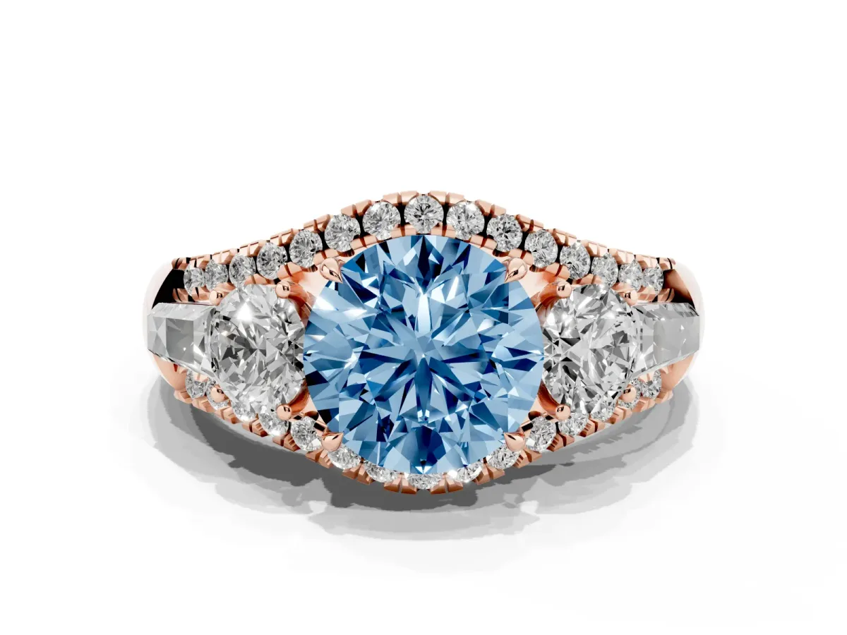 Fancy Blue Three-Stone Round Cut Diamond Engagement Ring with Pave Band and Prong Setting Rose gold