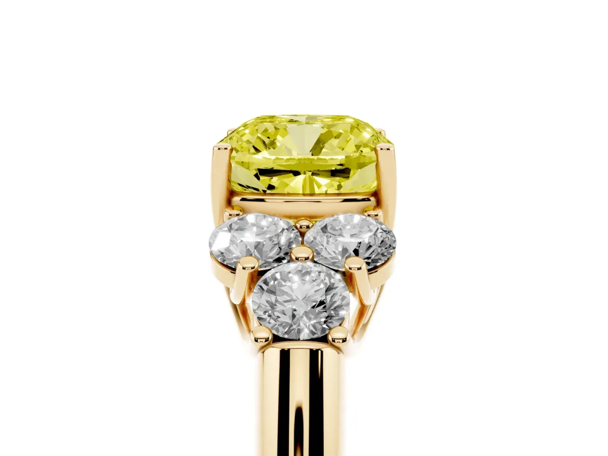 Fancy Yellow Cushion Cut Cut Diamond Cluster Ring with Round Accent Stones and Prong Setting on a Classic Band Yellow gold