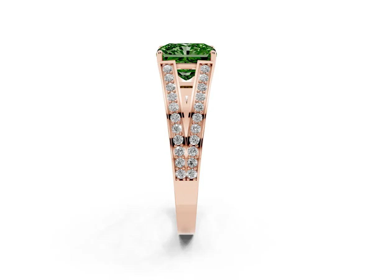 Fancy Green Radiant Cut Diamond Split Shank Ring with Pavé Band and Four-Prong Setting Rose gold