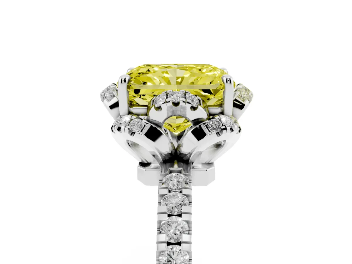 Fancy Yellow Radiant Cut Halo Diamond Pave Band Ring with Four-Prong Setting Silver
