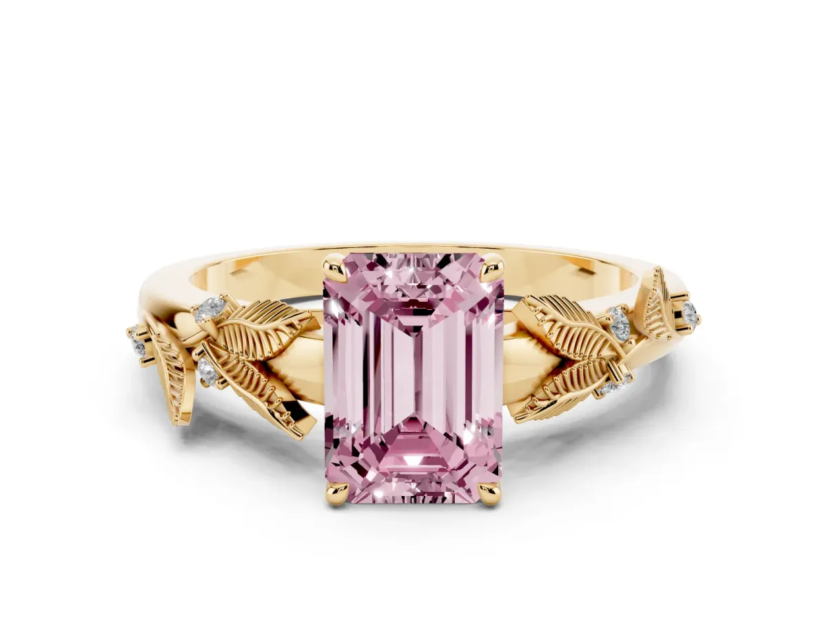 Fancy Pink Emerald Cut Diamond Solitaire Ring with Leaf Motif Band and Four-Prong Setting Yellow gold
