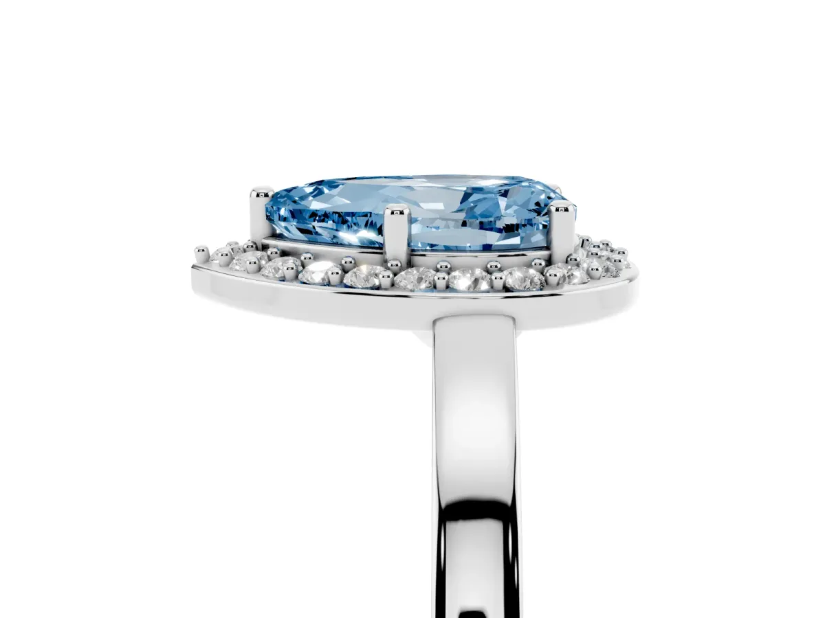Fancy Blue Pear Cut Halo Diamond Ring with Solitaire Band and Prong Setting Platinum