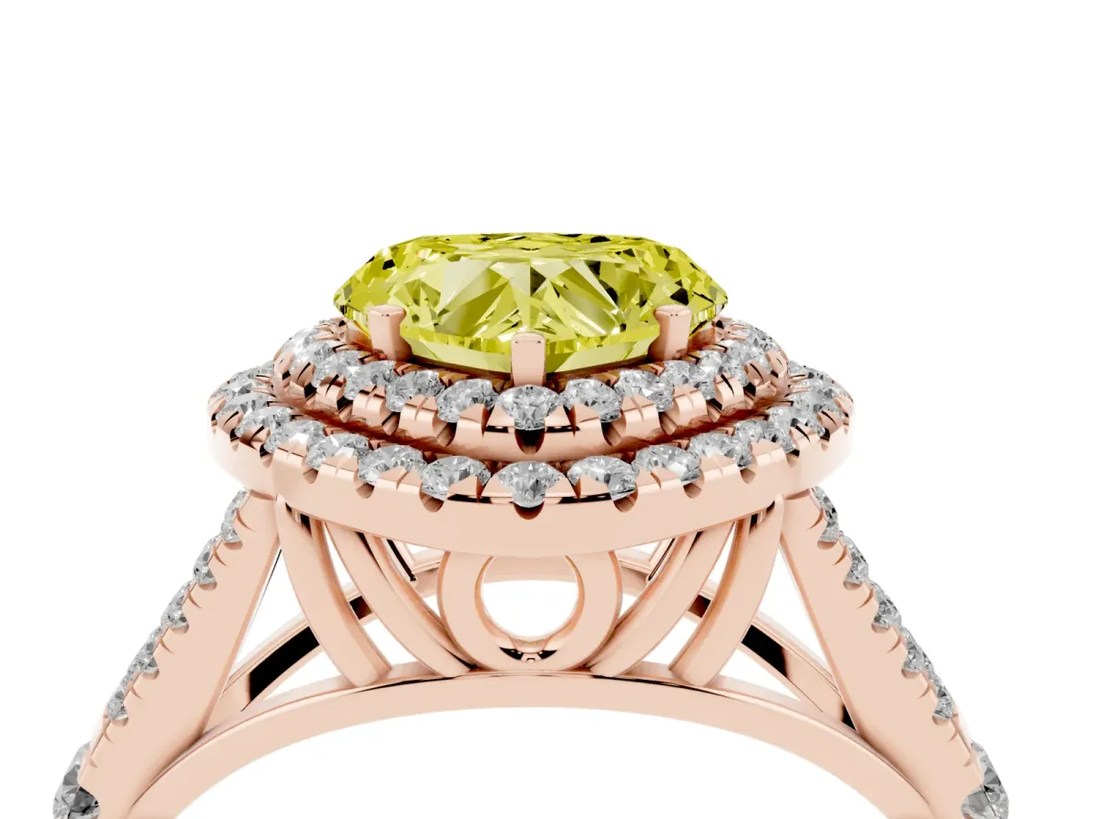 Fancy Yellow Heart Cut Cut Double Halo Split Shank Diamond Ring with Prong Setting Rose gold