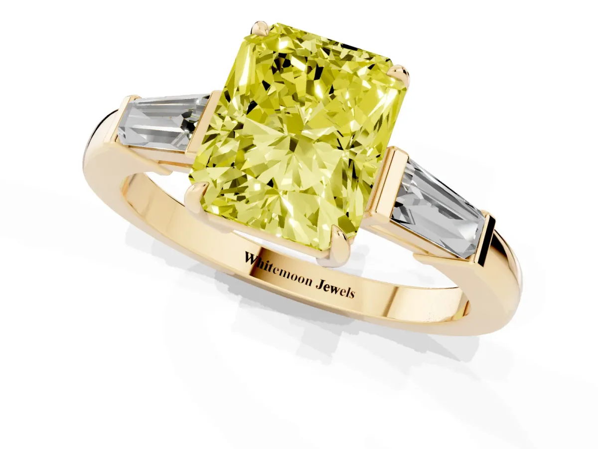 Fancy Yellow Radiant Cut Diamond Three-Stone Ring with Tapered Baguette Side Stones and Prong Setting Yellow gold