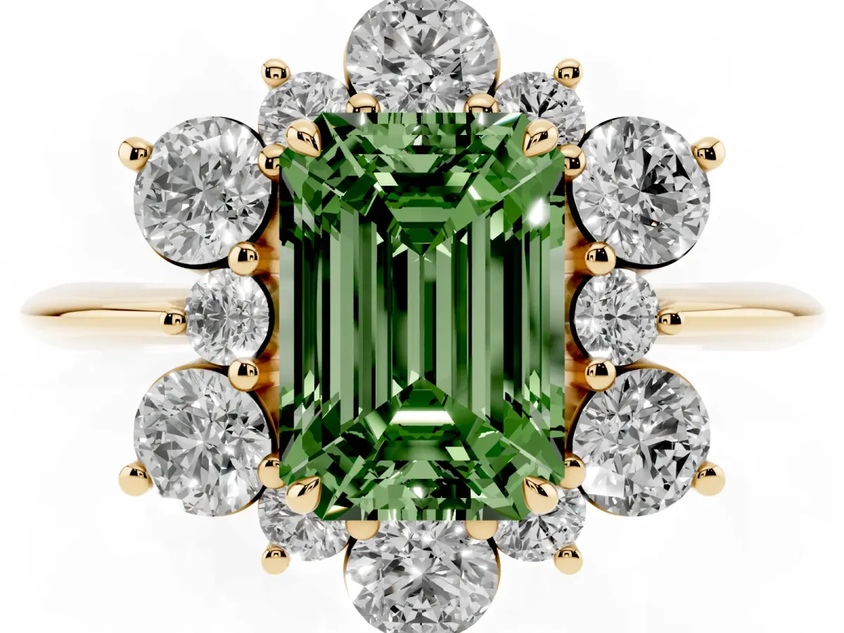 Fancy Green Emerald Cut Diamond Cluster Halo Ring with Solitaire Band and Four-Prong Setting Yellow gold