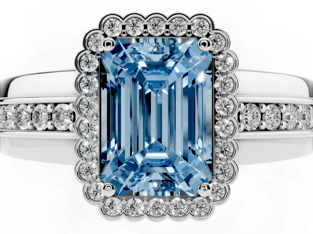 Fancy Blue Emerald Cut Cut Halo Pave Band Four-Prong Ring Silver