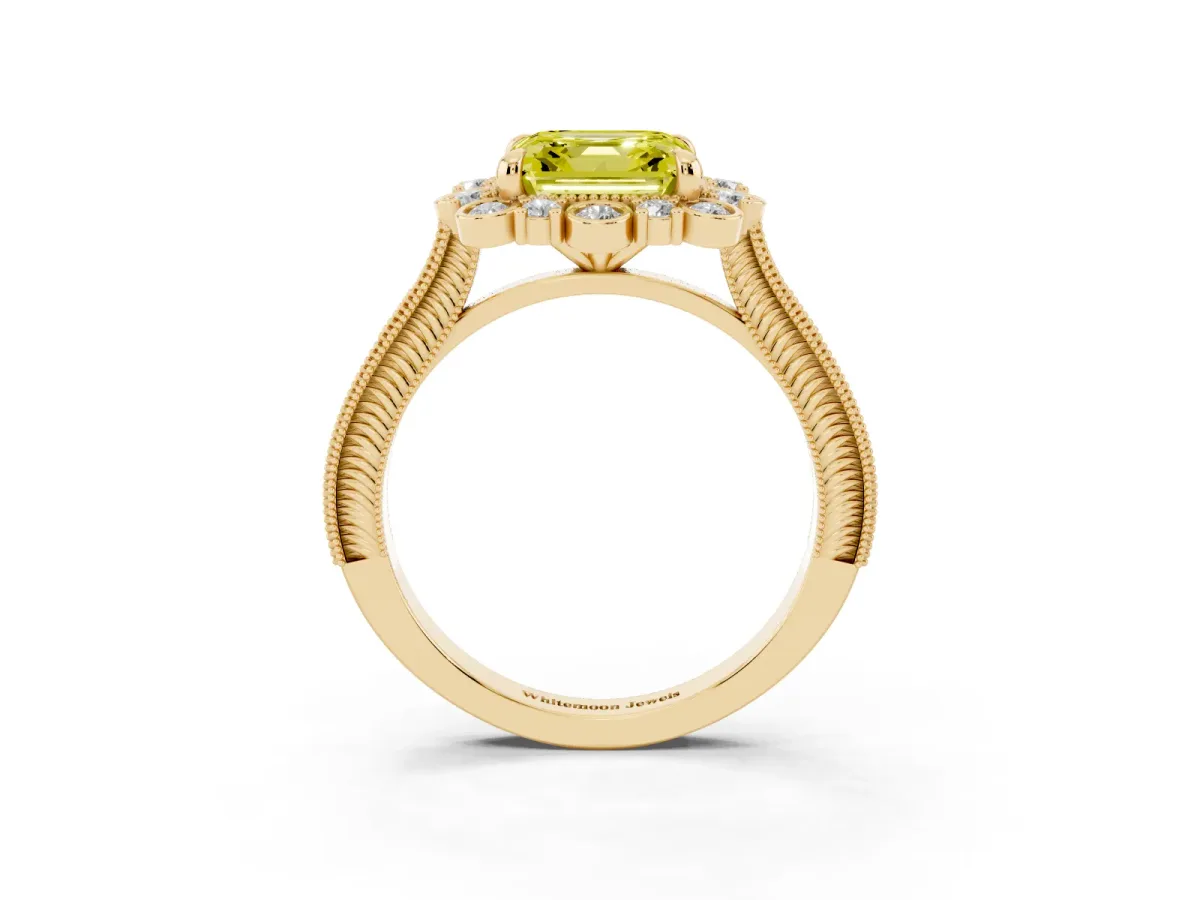 Fancy Yellow Asscher Cut Halo Milgrain Pave Diamond Ring with Four-Prong Setting Yellow gold