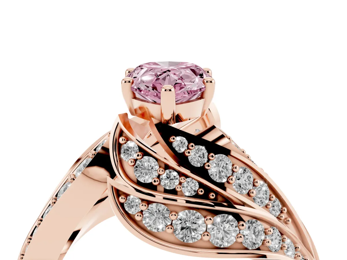 Fancy Pink Pear Cut Diamond Solitaire Ring with Prong Setting and Twisted Pavé Band Rose gold