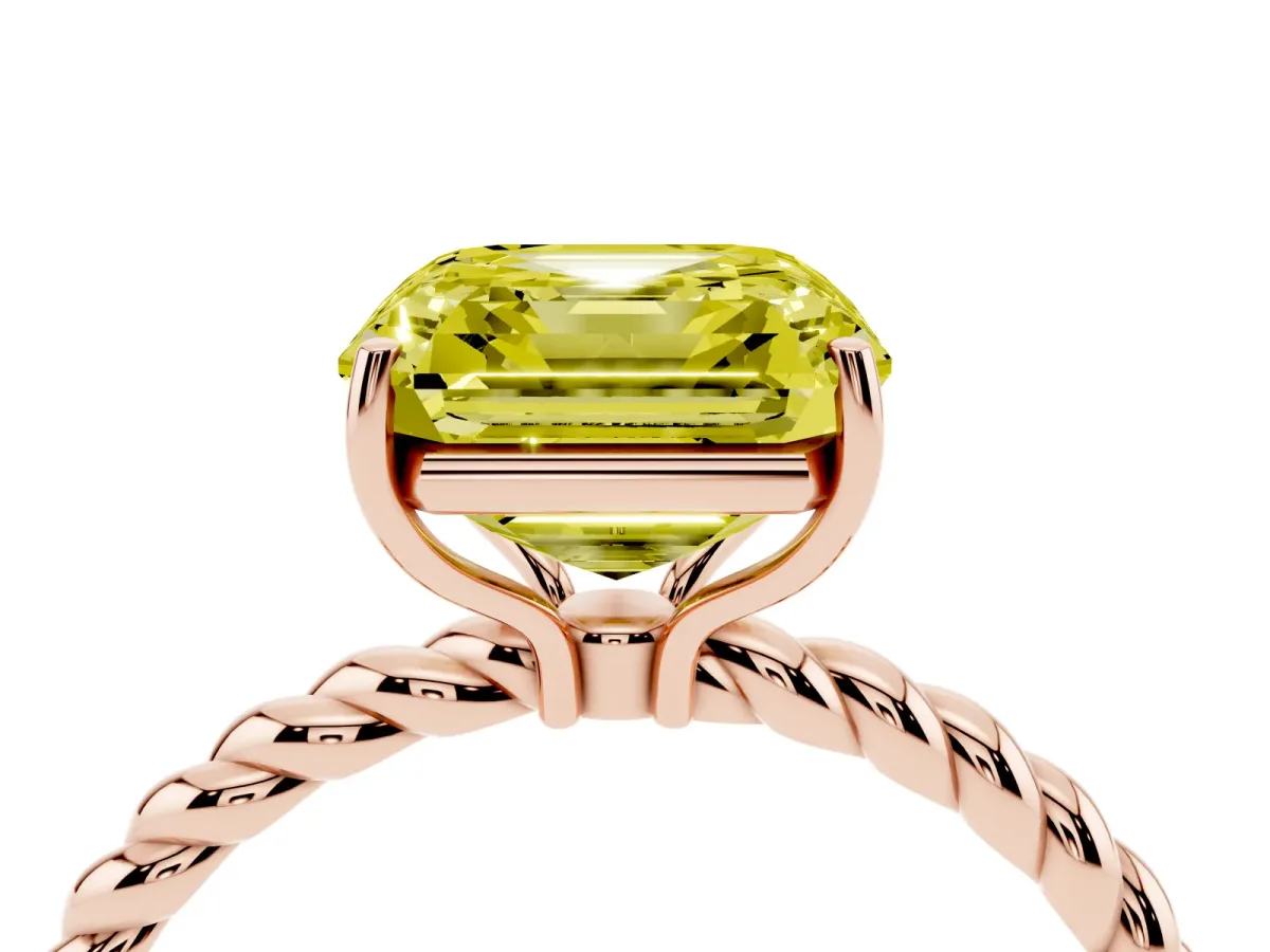 Fancy Yellow Asscher Cut Solitaire Twist Band Ring with Four-Prong Setting Rose gold