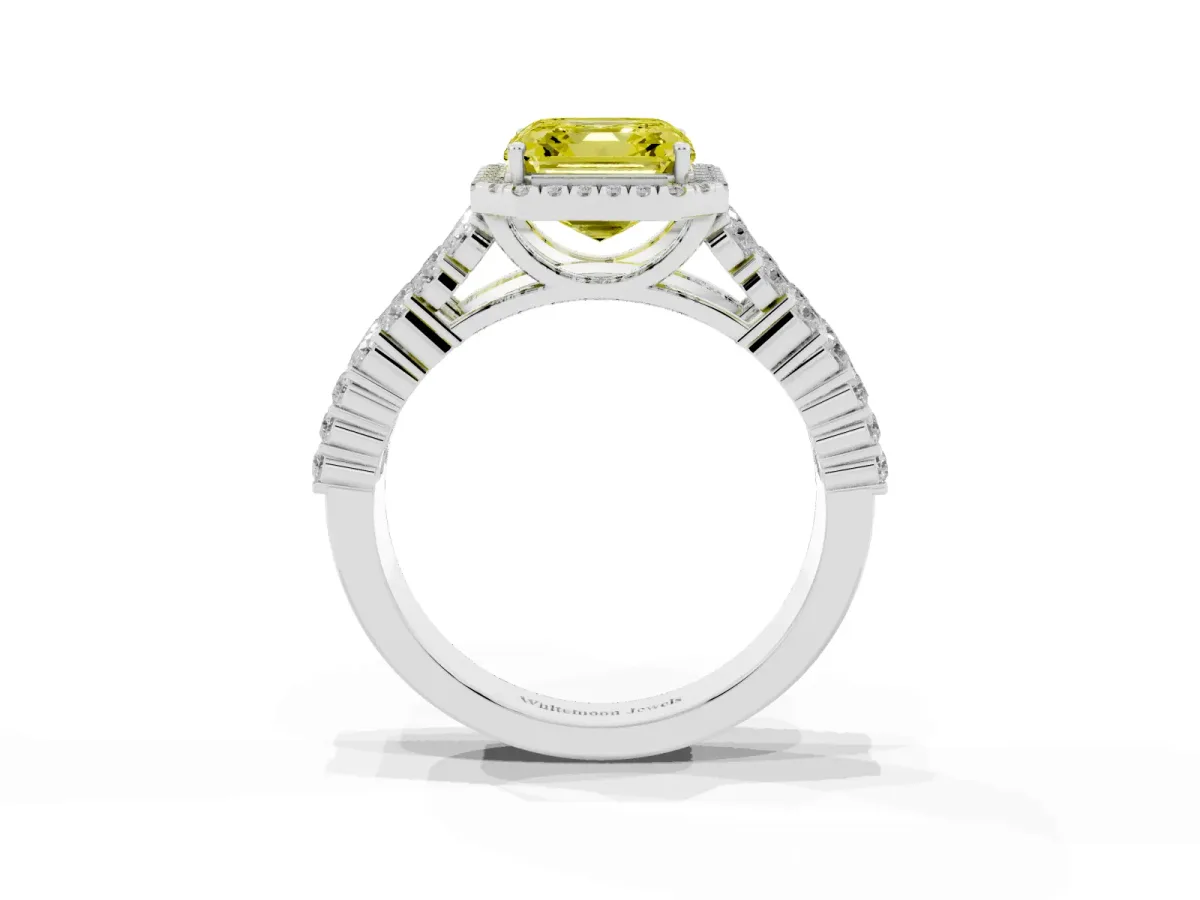 Fancy Yellow Asscher Cut Diamond Halo Engagement Ring with Triple Row Round Pavé Band and Prong Setting White gold