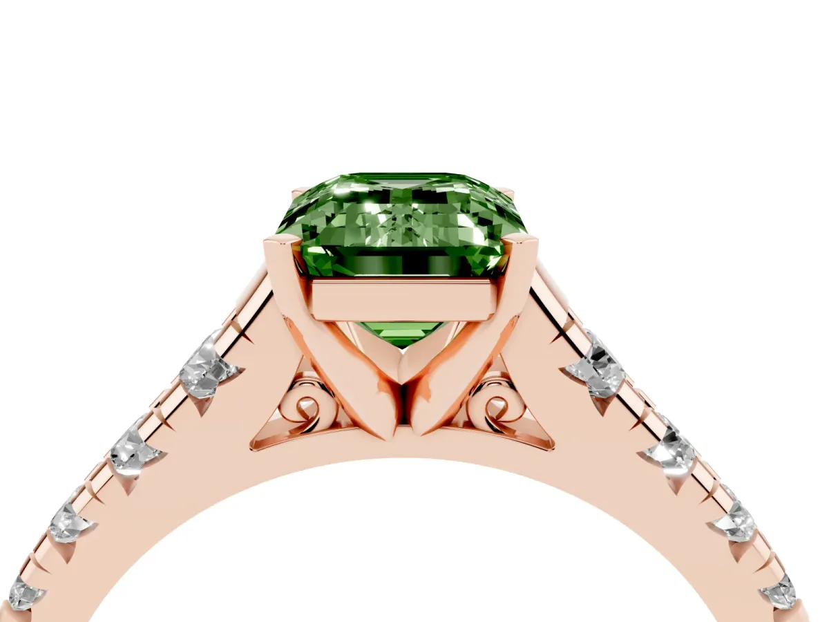 Fancy Green Emerald Cut Diamond Cathedral Solitaire Ring with Round Pavé Band Rose gold