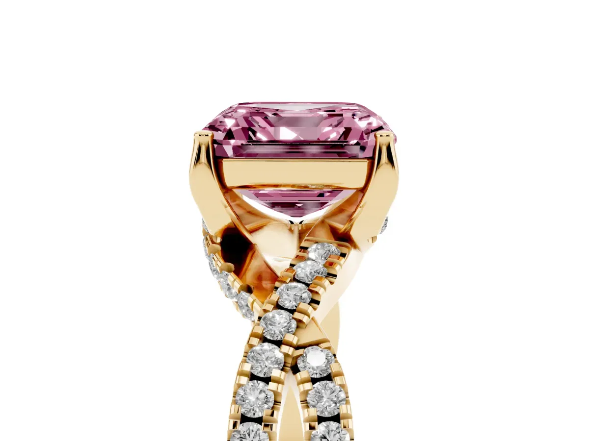 Fancy Pink Asscher Cut Solitaire Twist Pave Diamond Engagement Ring with Prong Setting Yellow gold