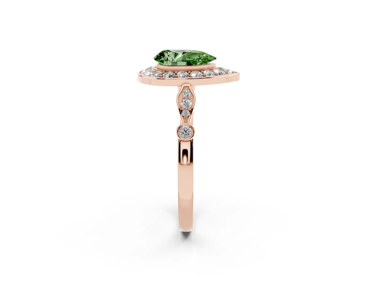 Fancy Green Pear Cut Halo Diamond Engagement Ring with Twisted Band and Four-Prong Setting Rose gold