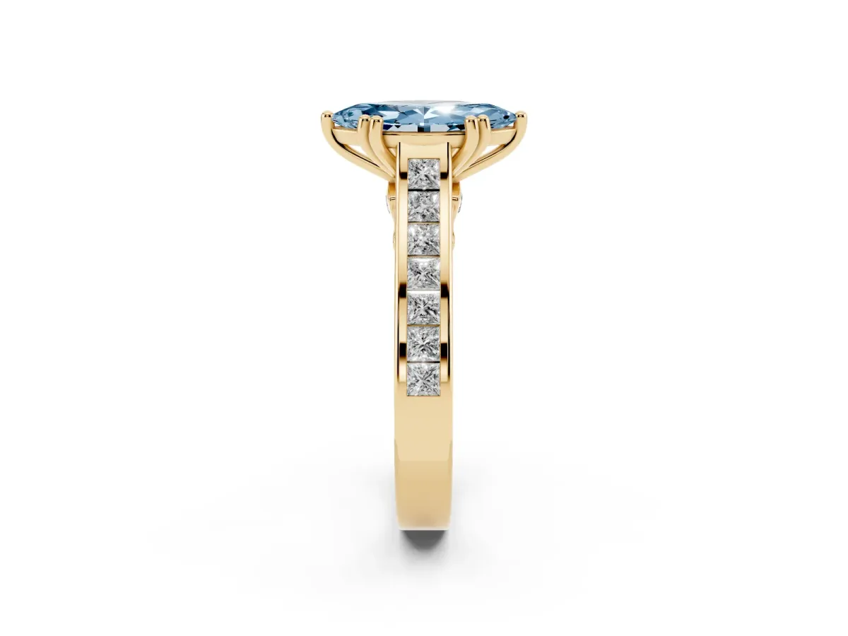 Fancy Blue Marquise Cut Cut Channel Set Solitaire Engagement Ring with Prong Setting Yellow gold