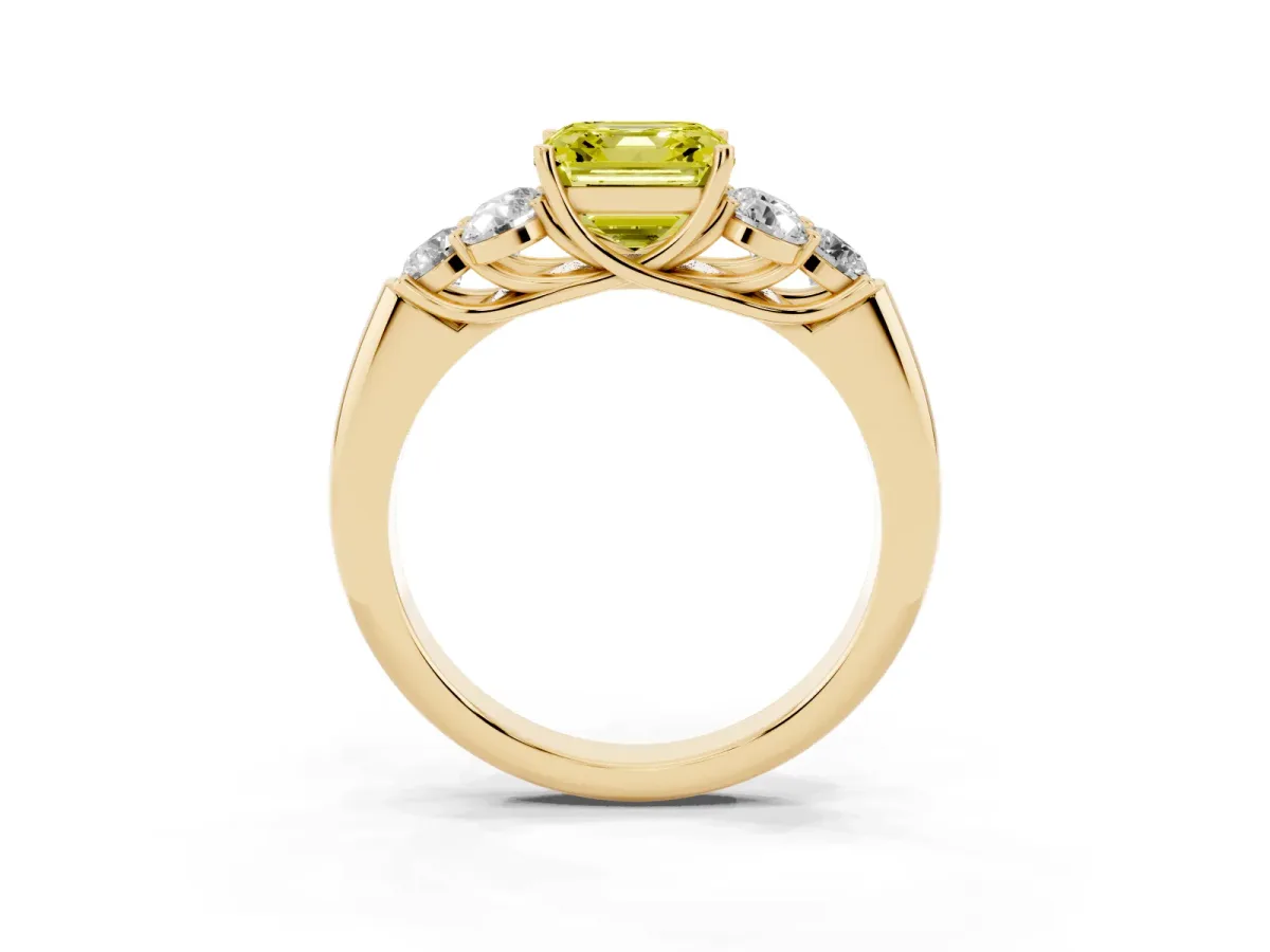 Fancy Yellow Asscher Cut Cut Diamond Cluster Ring with Round Accent Stones and Prong Setting on a Classic Band Yellow gold