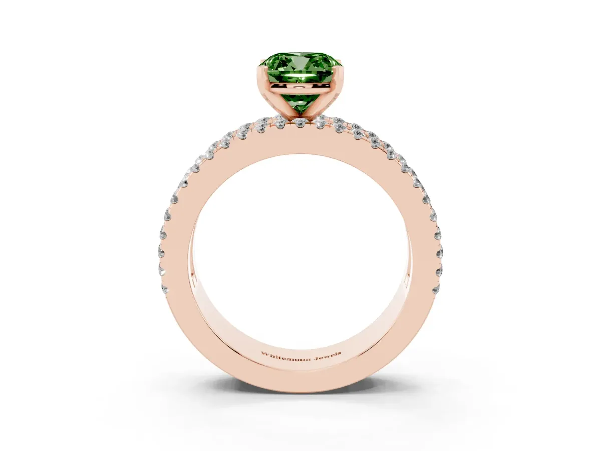Fancy Green Cushion Cut Diamond Solitaire Ring with Pavé and Channel Set Band Rose gold
