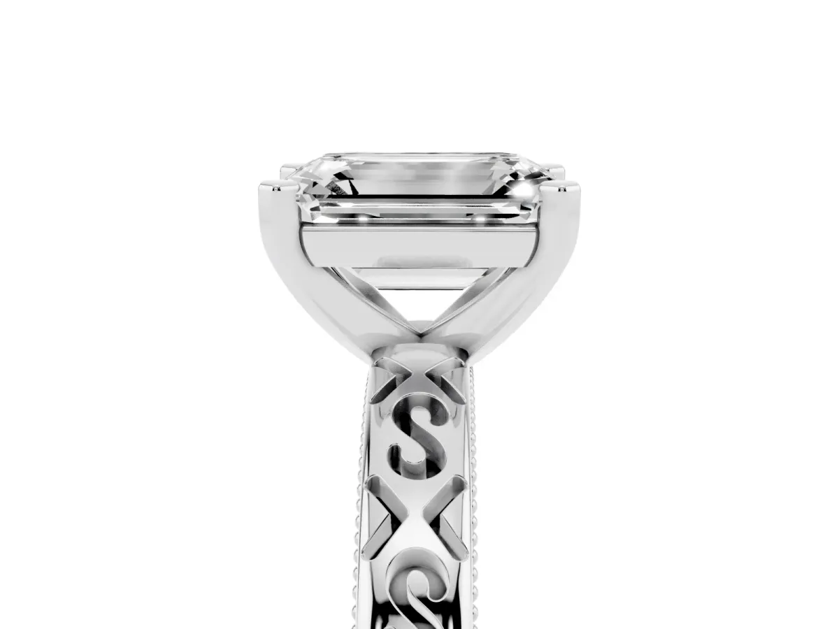 Emerald Cut Solitaire Engagement Ring with Scrollwork Band and Four-Prong Setting Platinum