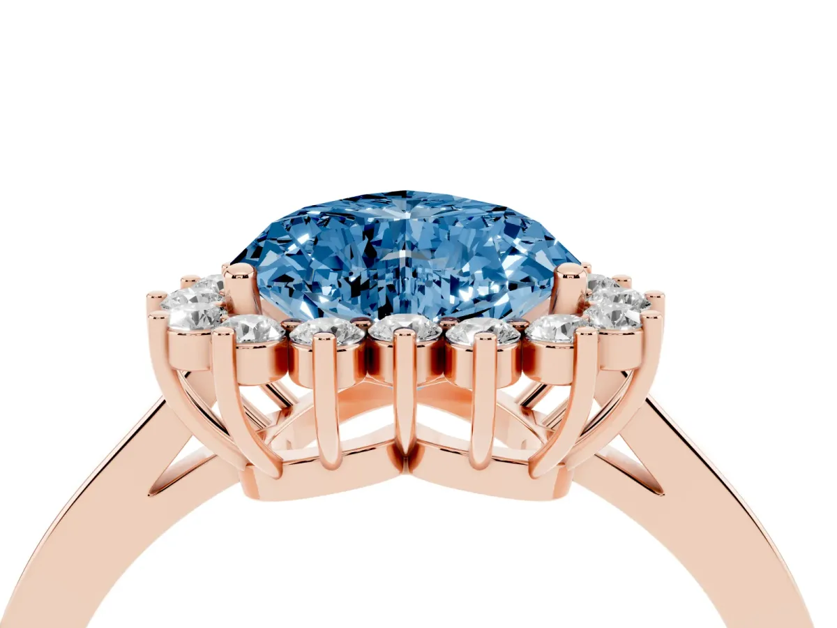 Fancy Blue Heart Cut Cut Diamond Halo Ring with Round Brilliant Halo and Solitaire Band Rose gold