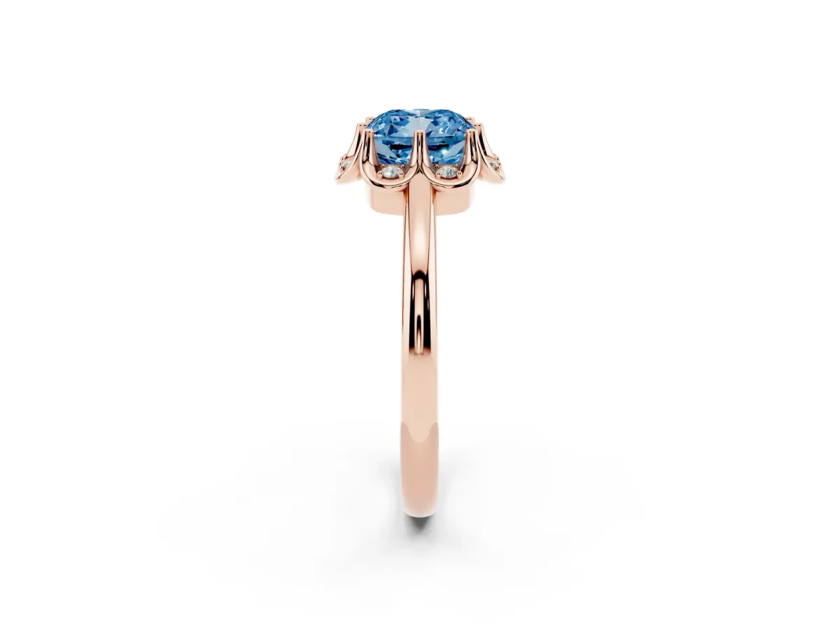 Fancy Blue Cushion Cut Halo Diamond Ring with Round Cluster Setting, Solitaire Band, and Four-Prong Setting Rose gold