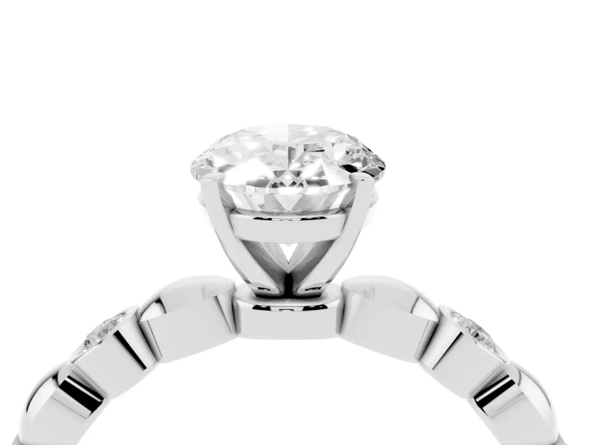 Oval Cut Solitaire Bezel-Set Diamond Ring with Beaded Band and Four-Prong Setting Platinum